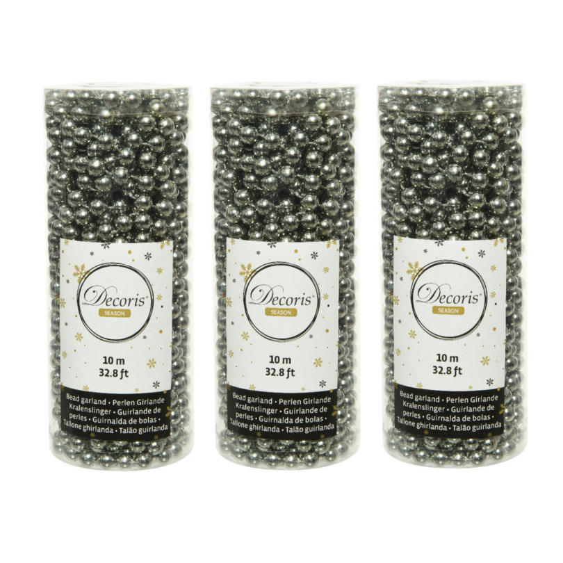 3x stuks kerstboom kralenslingers antraciet (warm grey) 10 meter kerstslingers -