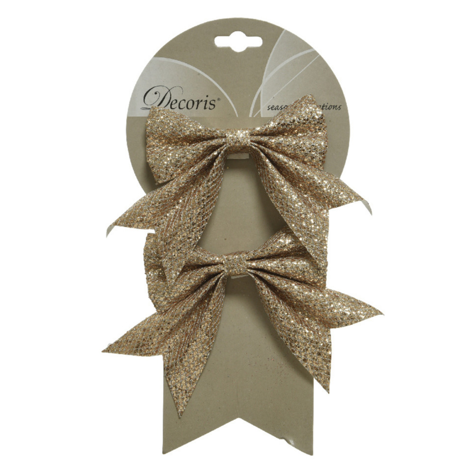 4x stuks decoratie strikjes/strikken champagne glitter op clip 18,5 x 14 cm -