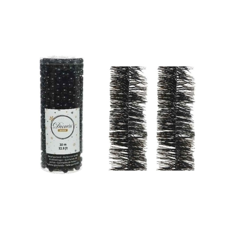 Kerstversiering set van 2x stuks folieslingers en 1x stuks kralenslingers zwart -