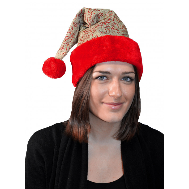 Luxe kerstmuts - beige/rood - glitters en pluche - kerstaccessoires  -