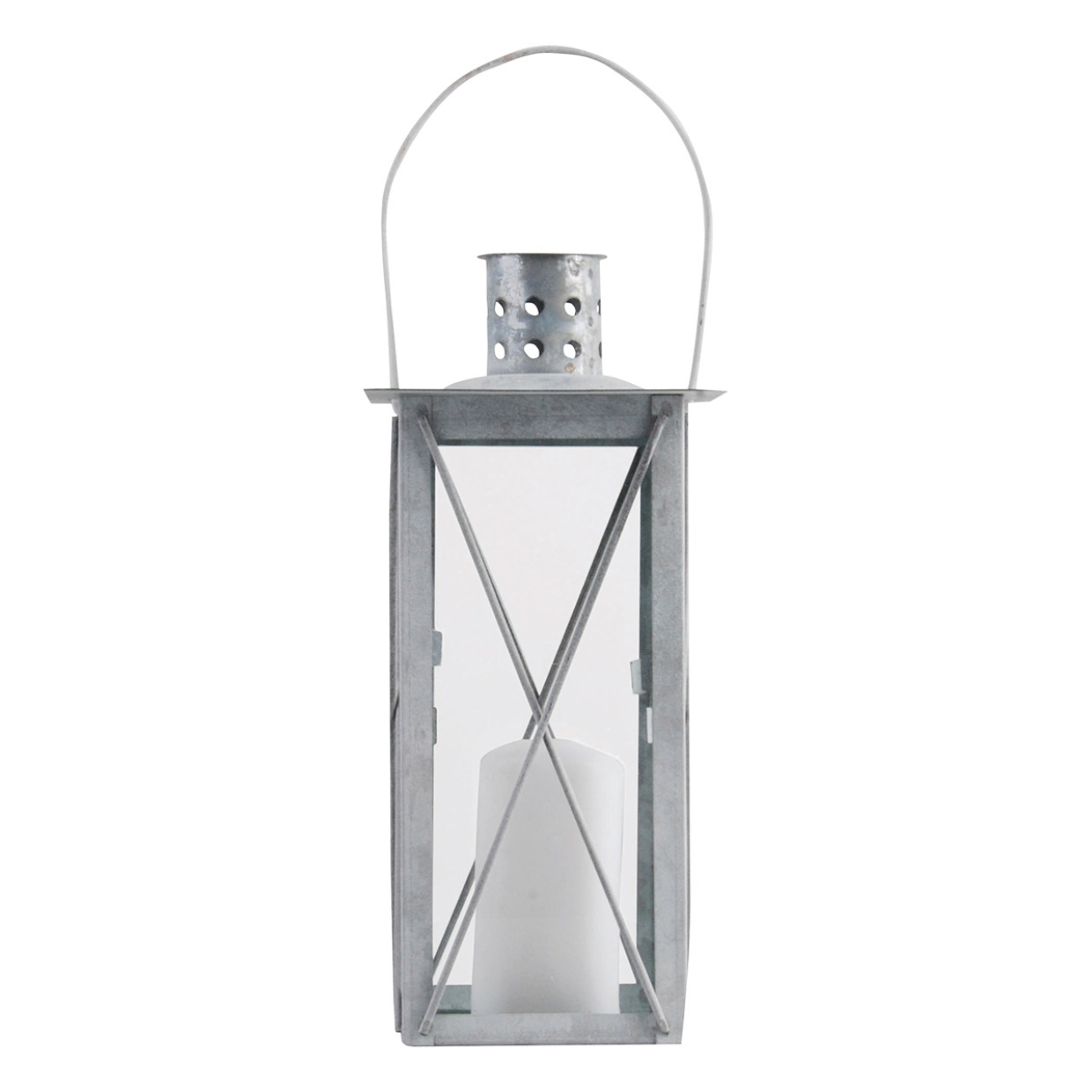 Zilveren tuin lantaarn/windlicht van zink 12 x 12 x 25,5 cm -