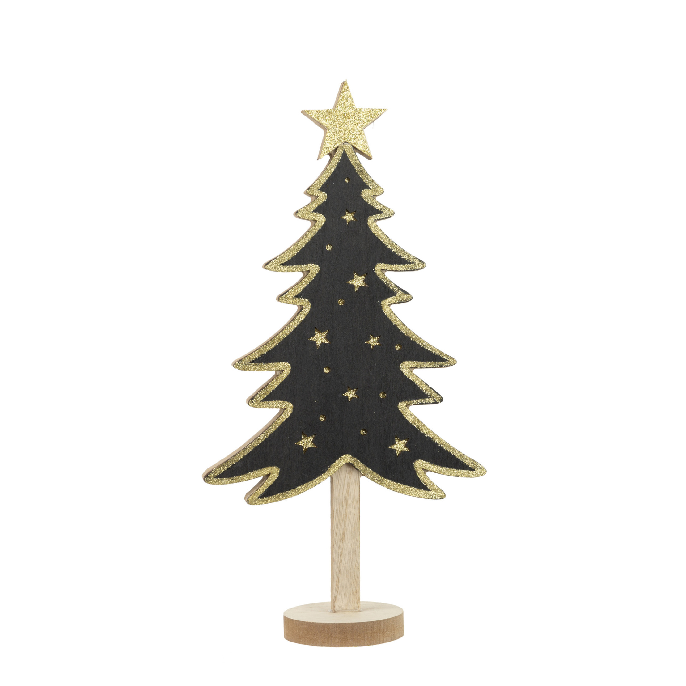 Kerstdecoratie houten decoratie kerstboom zwart met gouden sterren B18 x H36 cm -