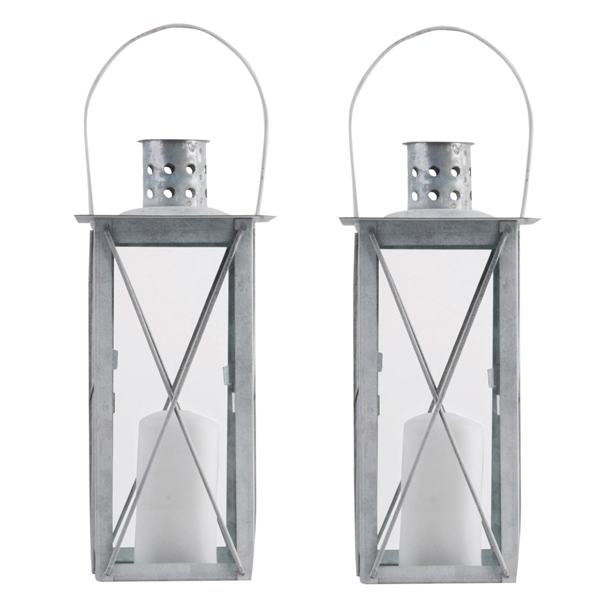 Set van 2x stuks zilveren tuin lantaarn/windlicht van zink 12 x 12 x 25,5 cm -