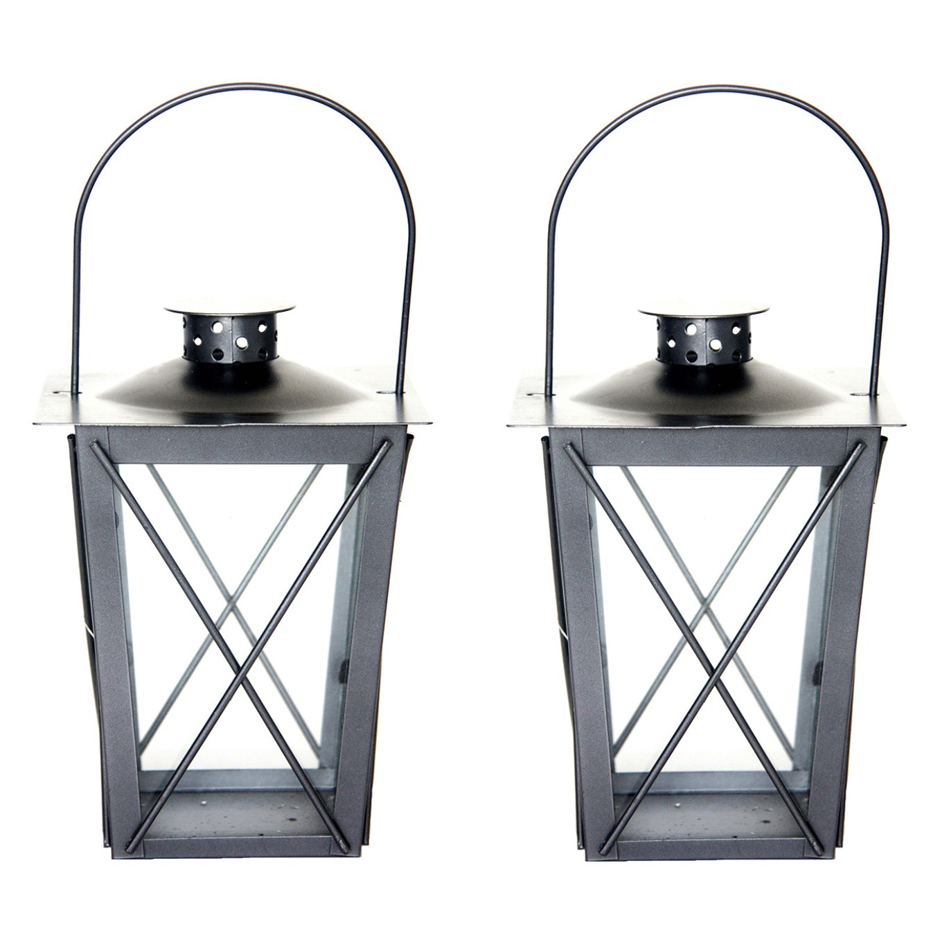 Set van 2x stuks zilveren tuin lantaarn/windlicht van ijzer 12 x 12 x 20 cm -