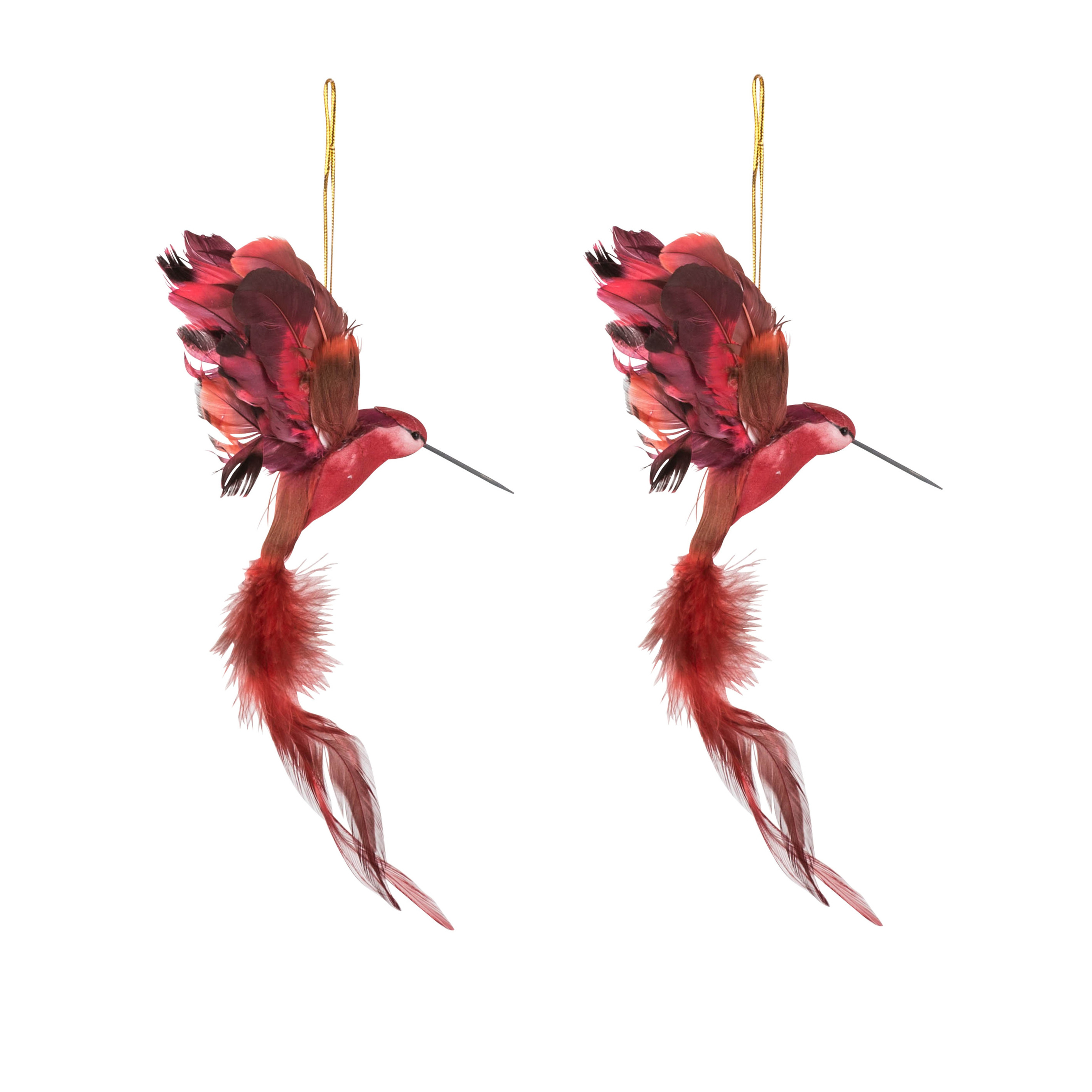 2x stuks kunststof kersthangers kolibrie rood 18 cm kerstornamenten -
