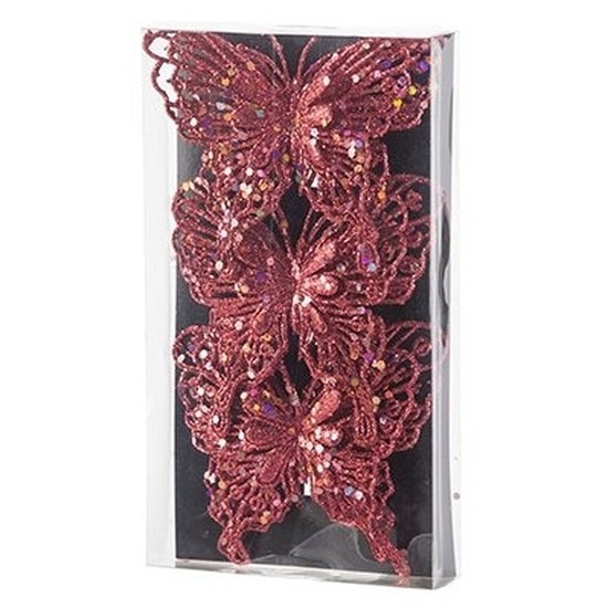 12x Kerstboomversiering vlinders op clip glitter rood 11 cm -