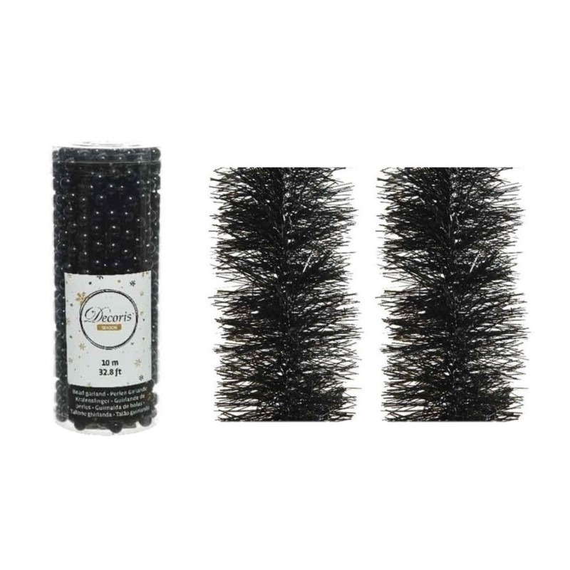 Kerstversiering set van 2x stuks folieslingers en 1x stuks kralenslingers zwart -