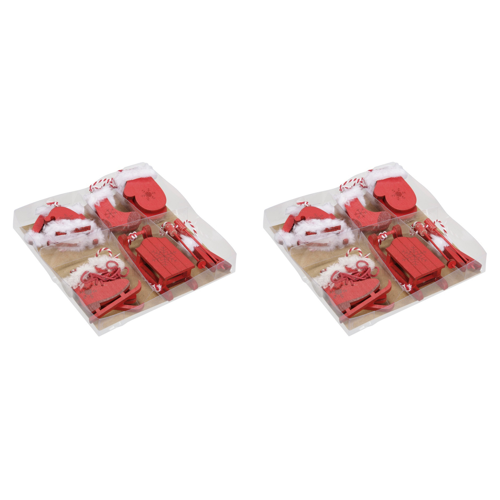 12x stuks houten kersthangers rood wintersport thema kerstboomversiering -