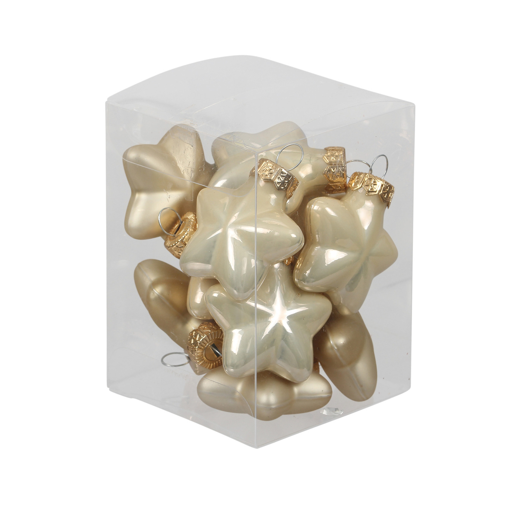 Kerstornamenten - sterren - 12x st - champagne - 4 cm - glas - mat/glans - kerstversiering -