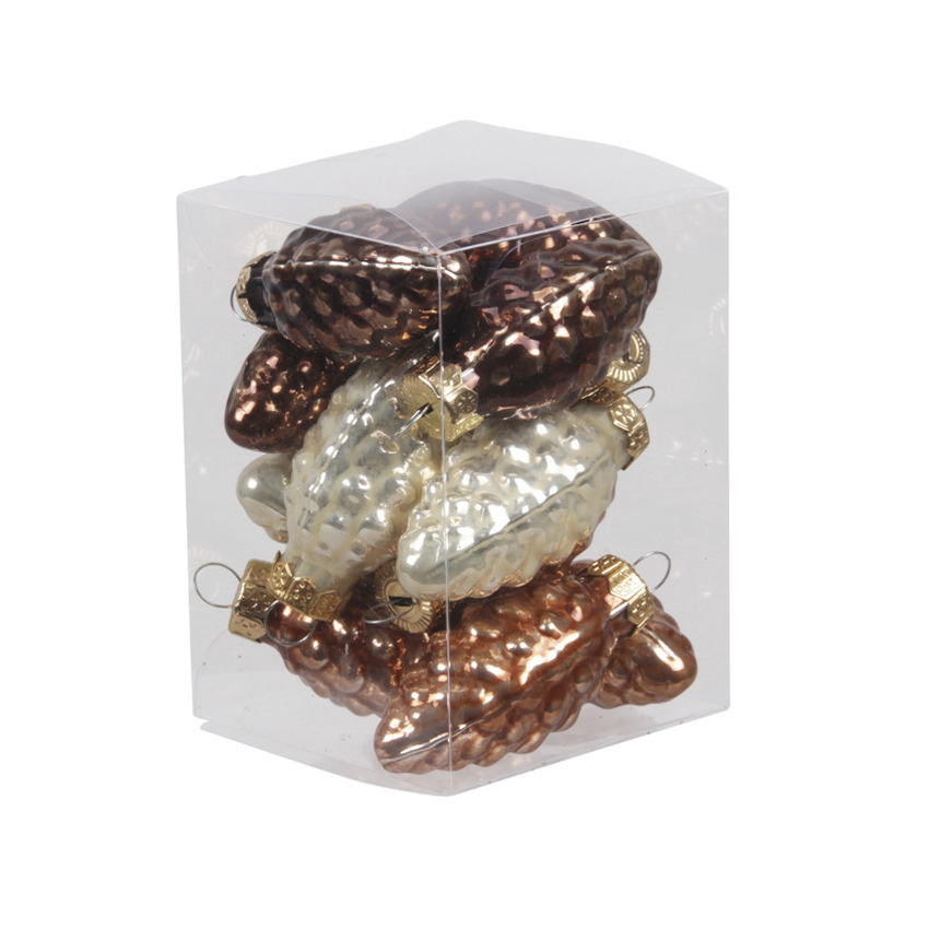 12x stuks glazen dennenappels kersthangers natuurtinten (opal natural) 6 cm mat/glans -