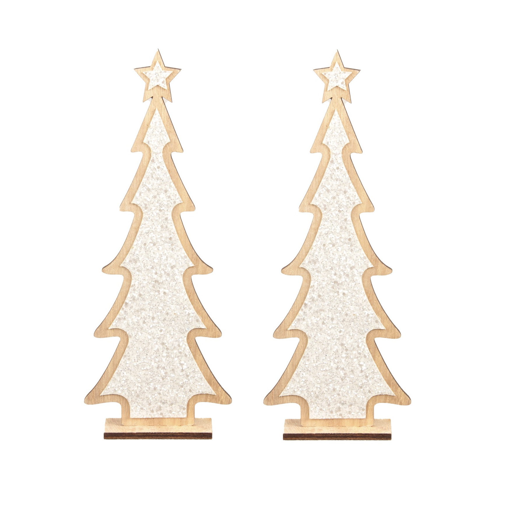 2x stuks kerstdecoratie houten kerstboom glitter wit 35,5 cm -