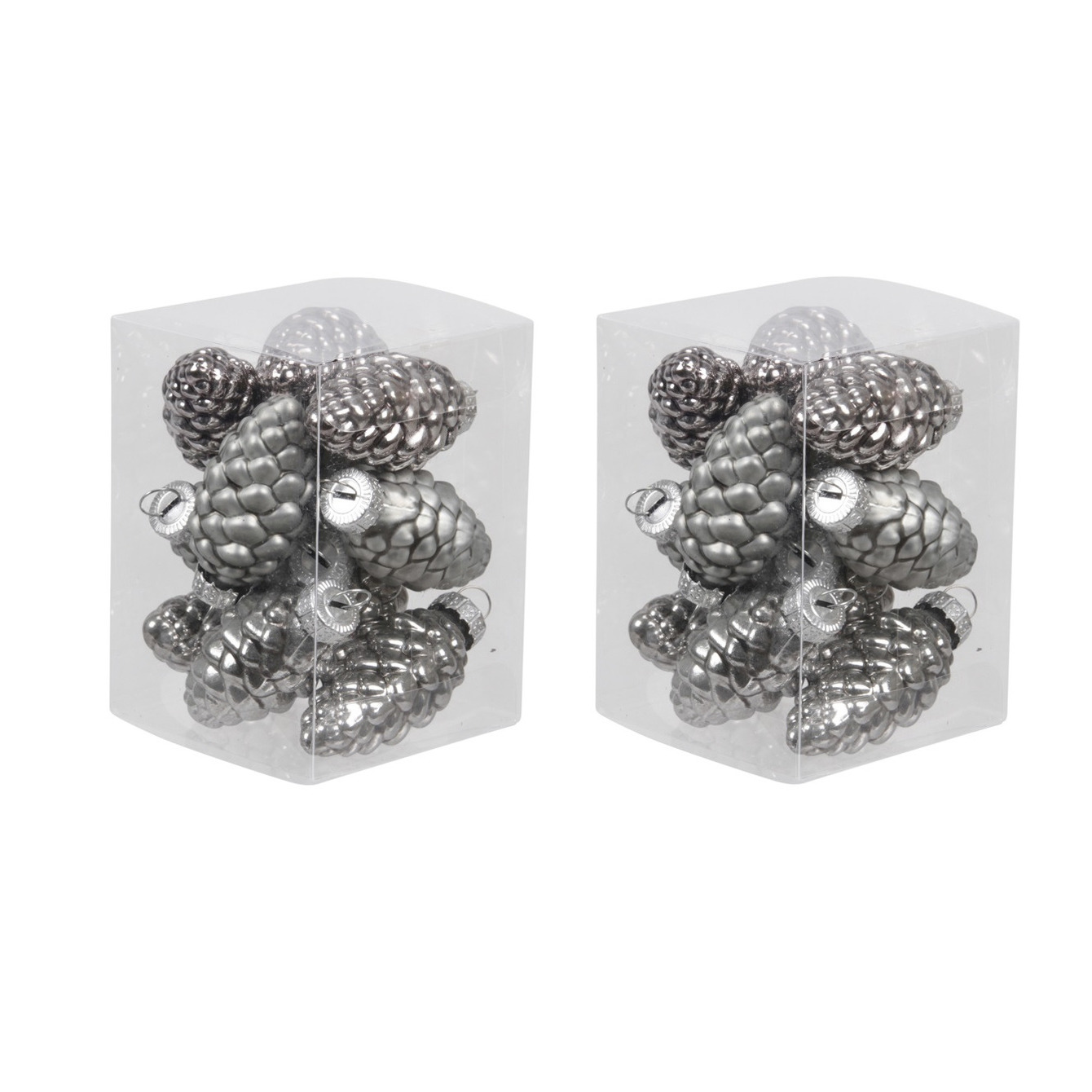24x stuks glazen dennenappels kersthangers titanium grijs 6 cm mat/glans -