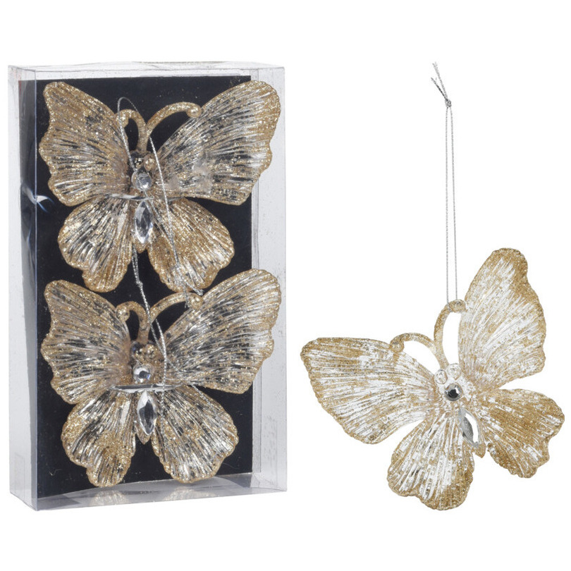 Kersthanger - 2x - vlinders - champagne/goud - 15 cm - kerstversiering -