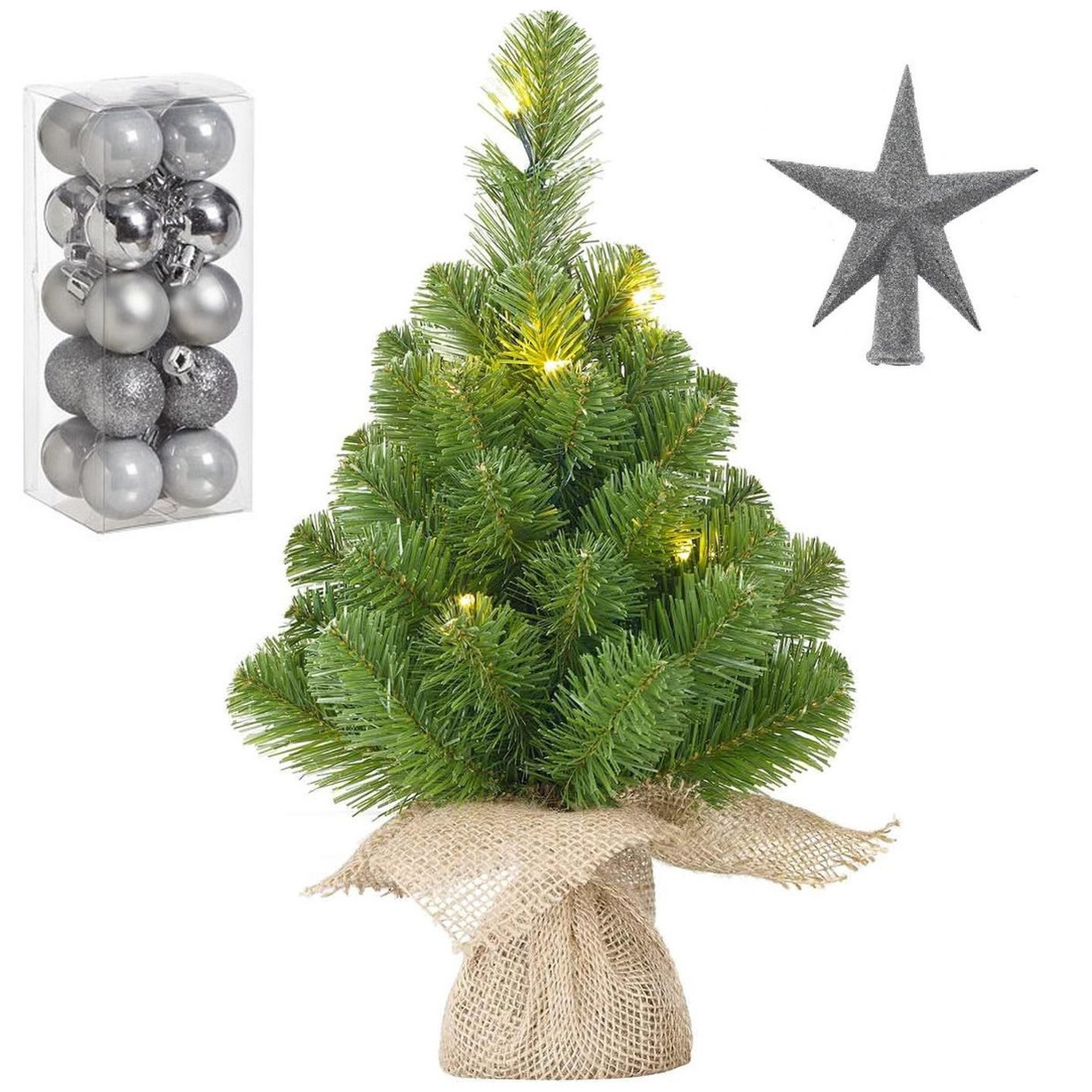 Kunst kerstboom met 10 LED lampjes 45 cm inclusief zilveren versiering 21-delig -