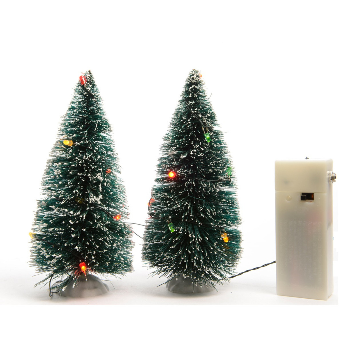 2x stuks kerstdorp onderdelen miniatuur boompjes met gekleurde verlichting 15 cm -