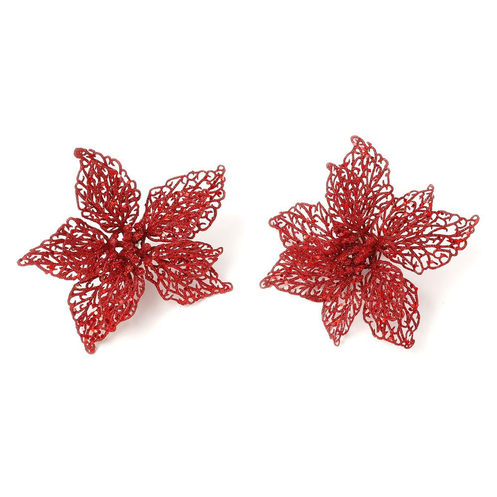 2x stuks decoratie kerststerren bloemen rood glitter op clip 18 cm -