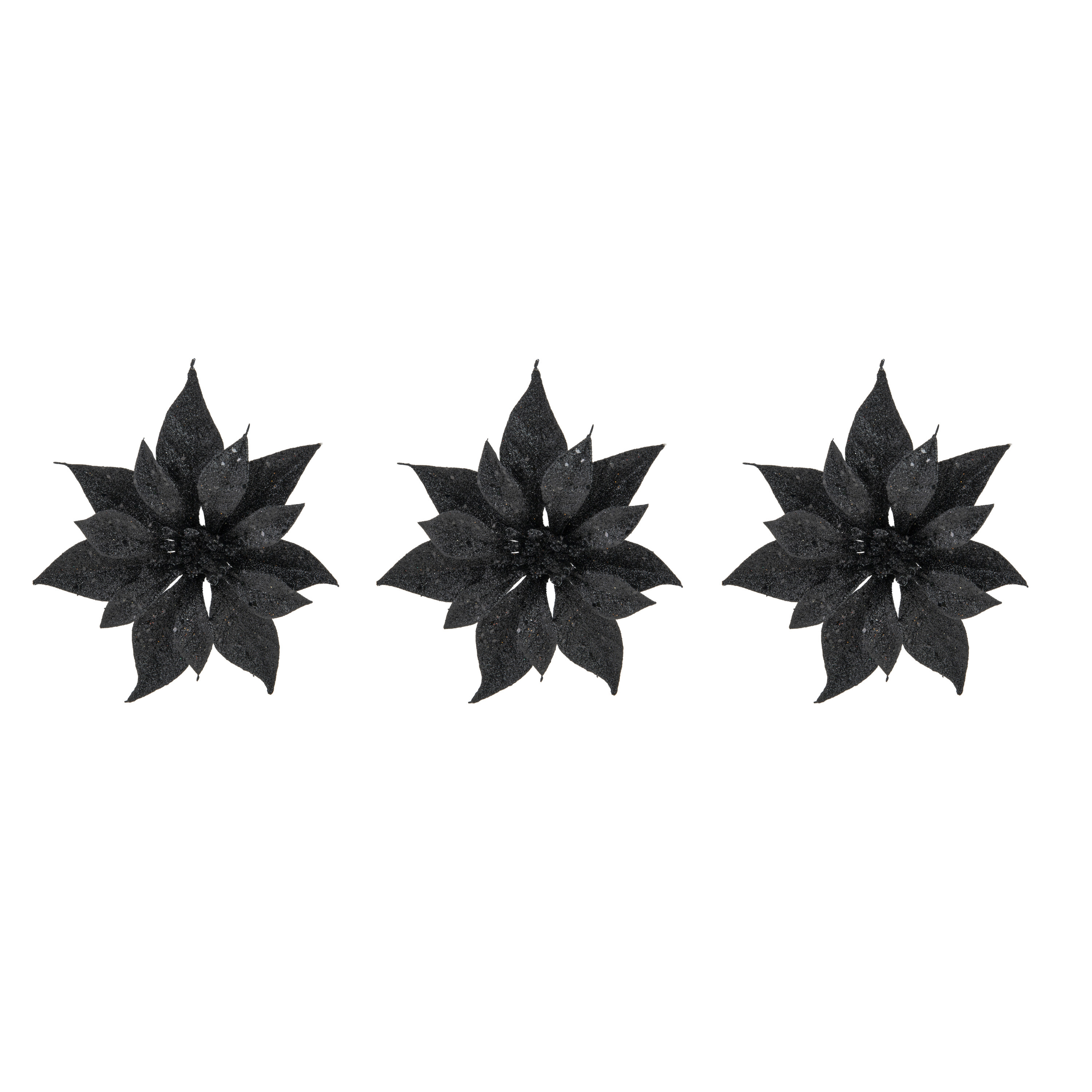 10x stuks decoratie bloemen kerstster zwart glitter op clip 18 cm -