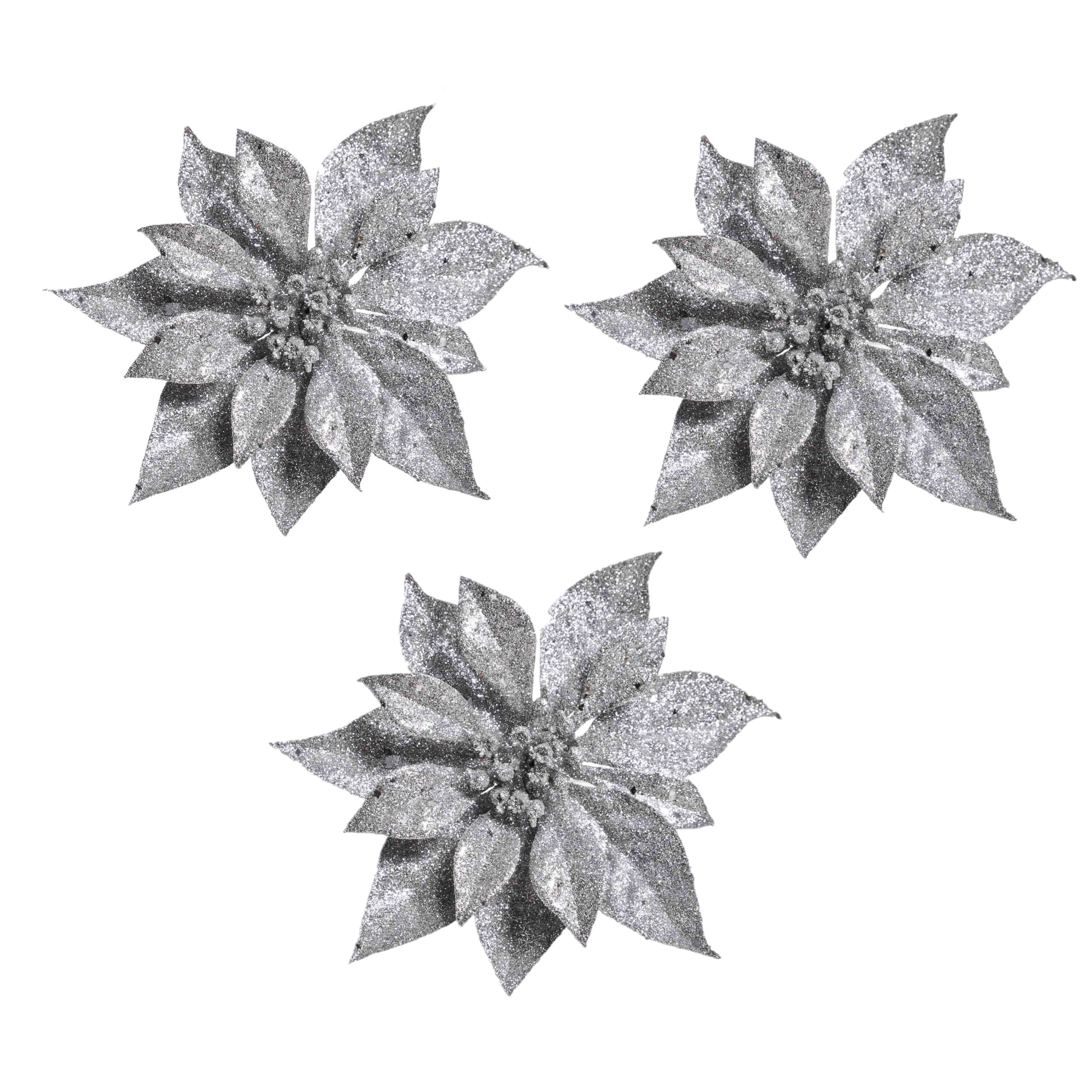 6x stuks Kerstboomversiering bloem op clip zilveren kerstster 18 cm -