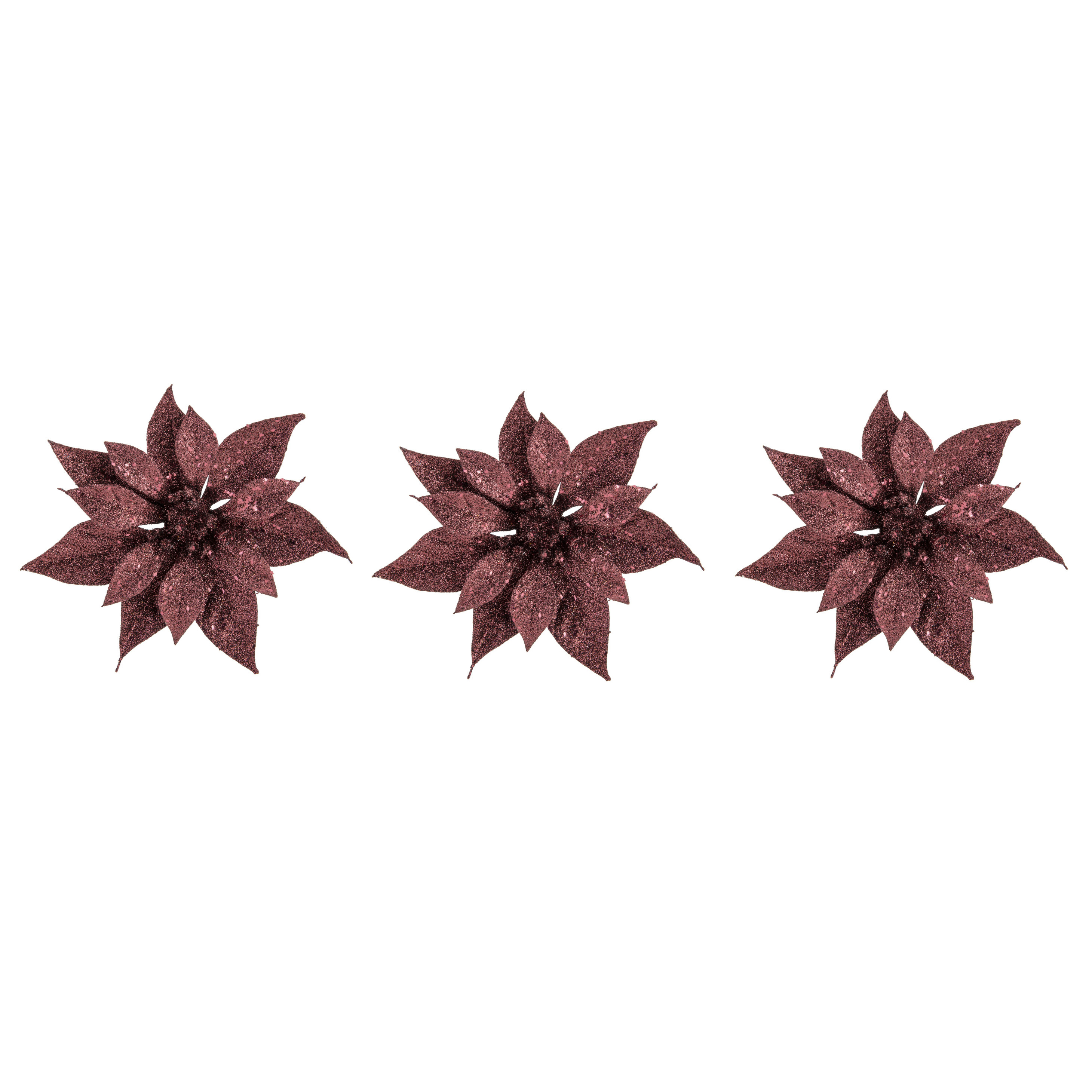 10x stuks decoratie bloemen kerstster donkerrood glitter op clip 18 cm -