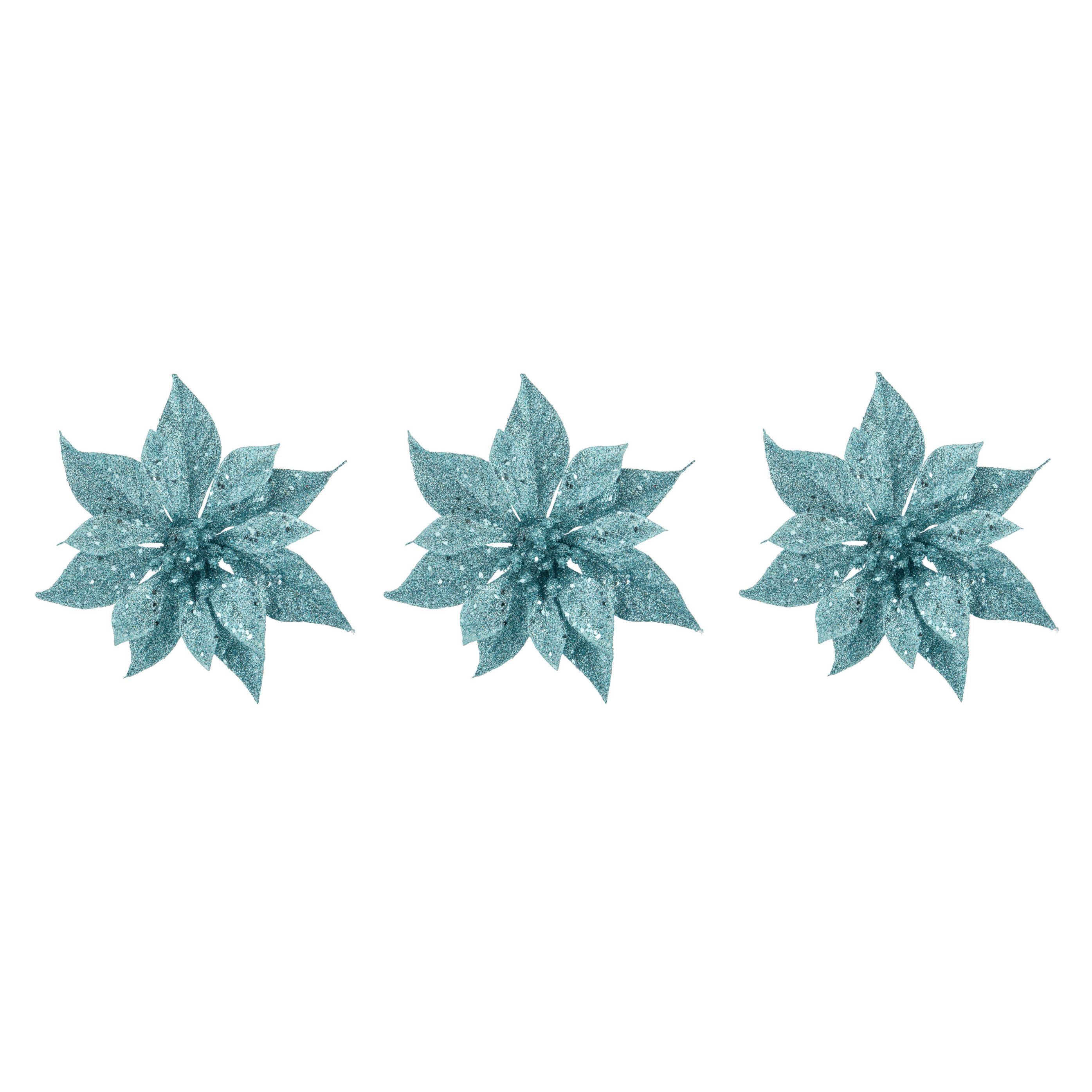 10x stuks decoratie bloemen kerstster ijsblauw glitter op clip 18 cm -
