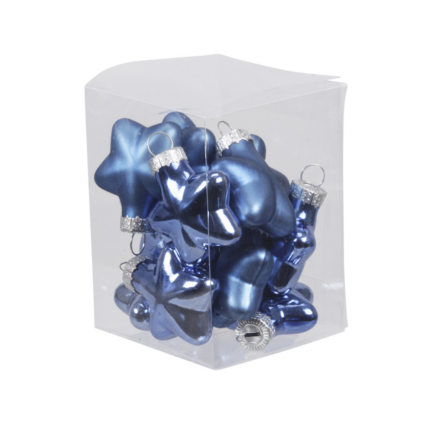 Kerstornamenten - sterren - 12x st - blauw - 4 cm - glas - mat/glans - kerstversiering -