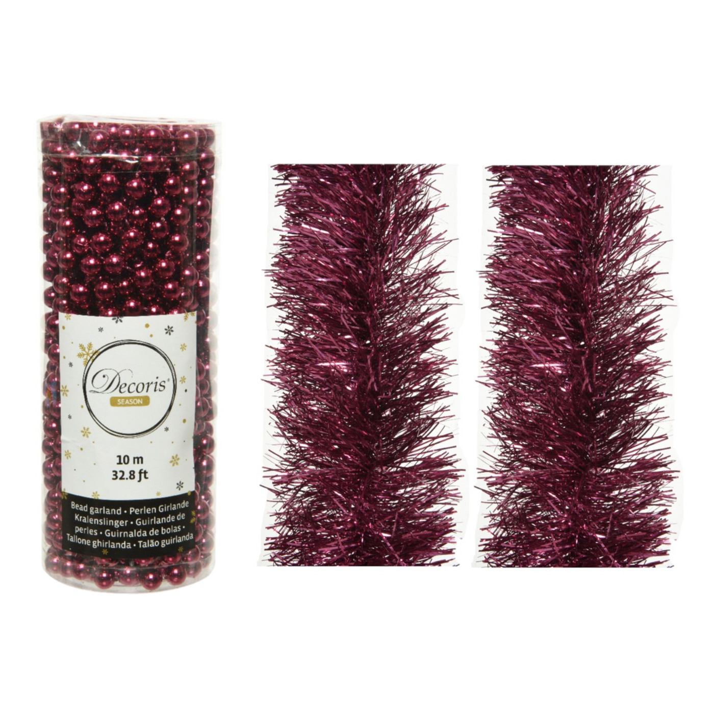 Kerstversiering set van 2x stuks folieslingers en 1x stuks kralenslingers framboos roze (magnolia) -