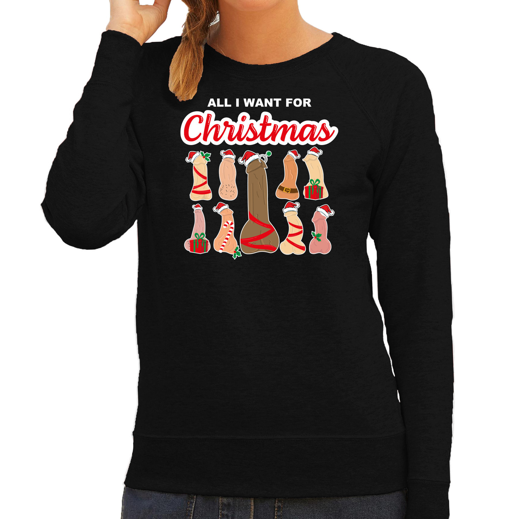 Foute kersttrui/sweater voor dames - All I want for Christmas - piemels - zwart XL -