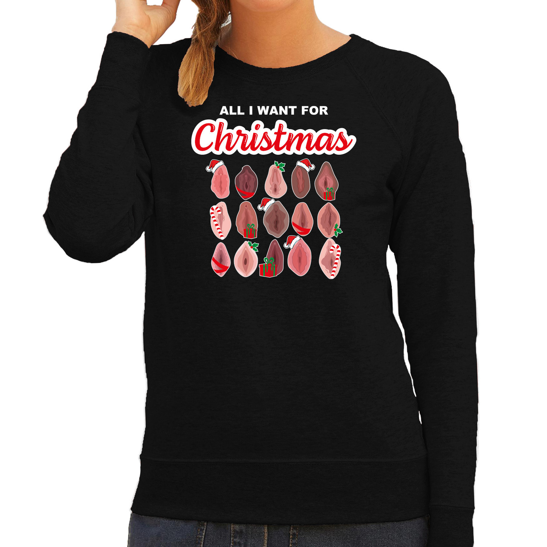 Foute kersttrui/sweater voor dames - All I want for Christmas - vagina - zwart 2XL -