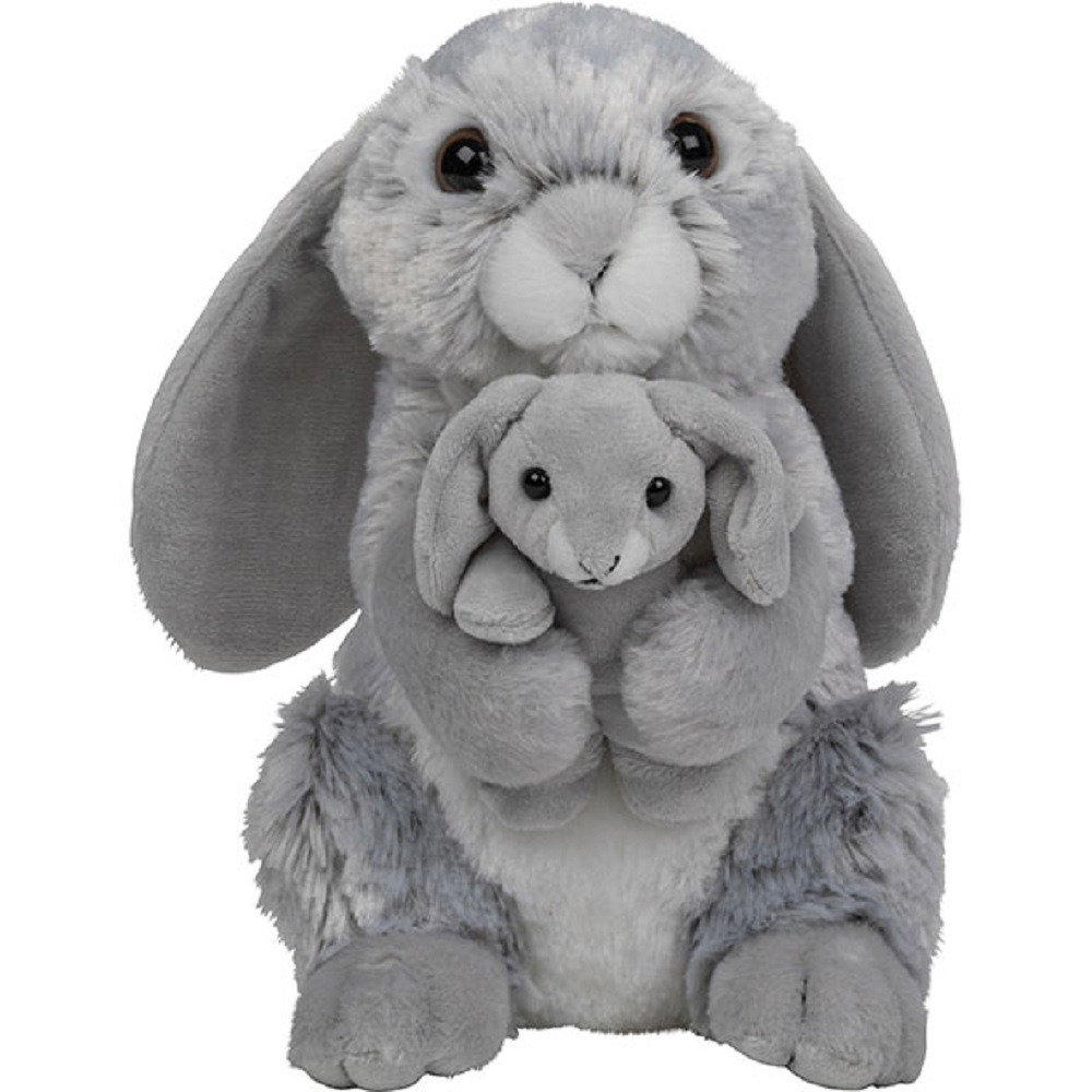 Nature Planet Pluche familie Konijnen knuffels - 22 cm - moeder en kind - grijs -