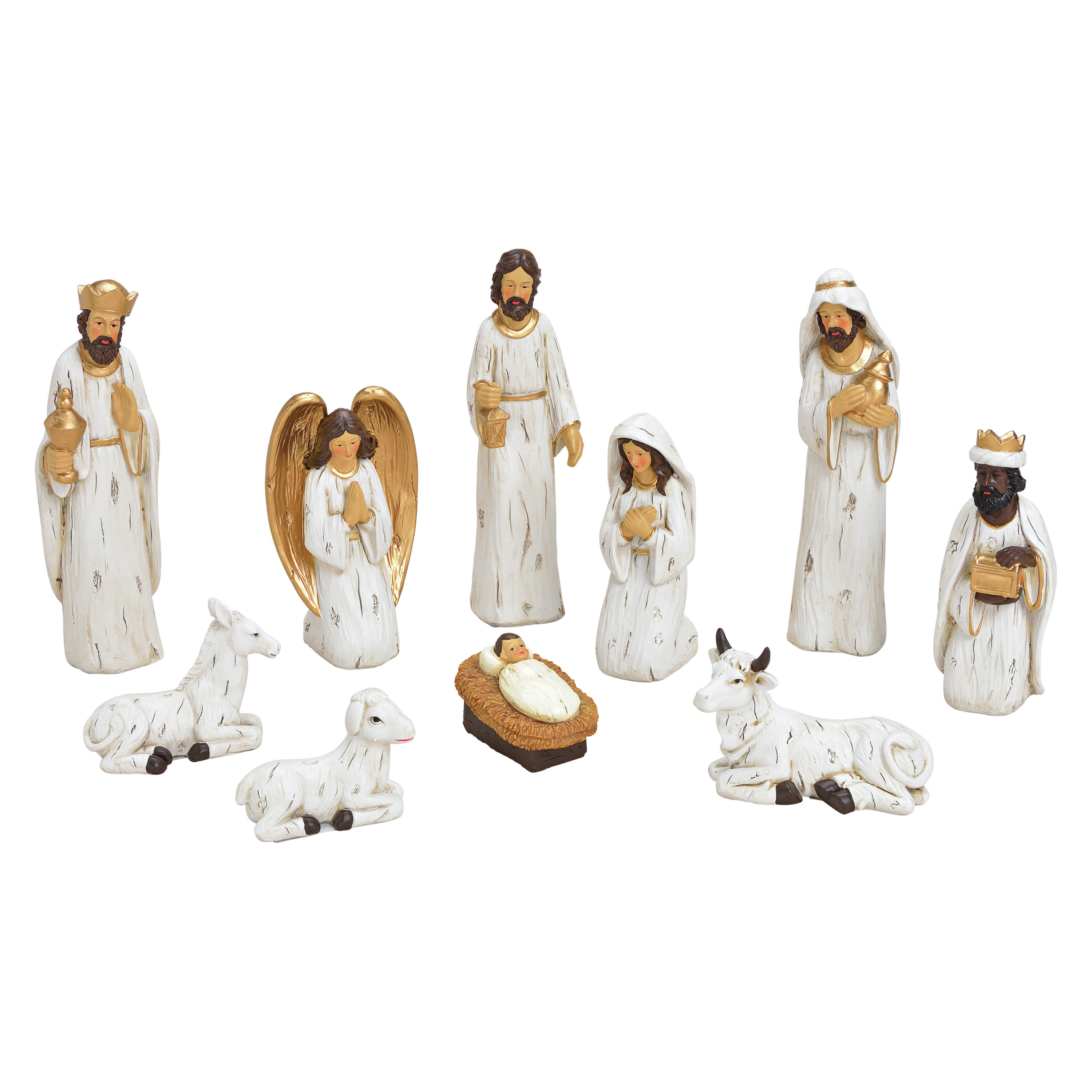 Set van 10x stuks kerststal beelden/kerstbeelden wit met goud 5-21 cm -