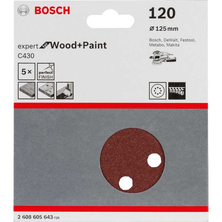 Bosch Schuurpapier C430 Expert voor Hout en Verf, 125mm, K120 schuurpapier 5 stuks