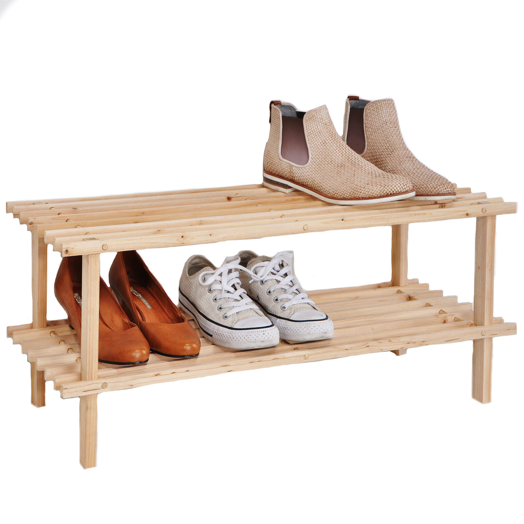 Houten schoenenrek/schoenenstandaard 2-laags 74 x 26 x 29,5 cm -