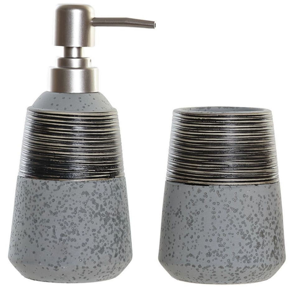 Badkamerset met zeeppompje en tandenborstel beker blauw/grijs polystone 18 cm -