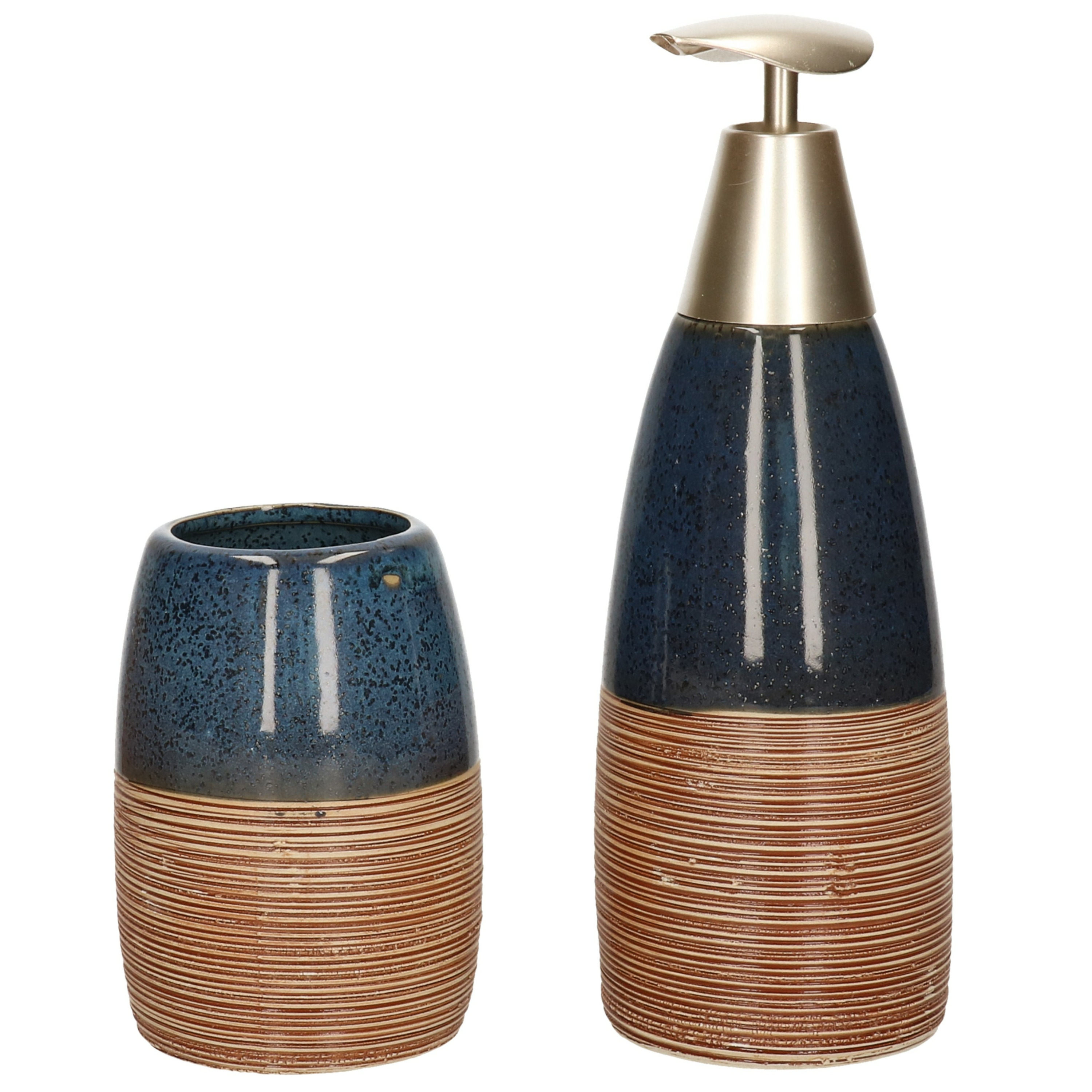 Badkamerset met zeeppompje en tandenborstel beker donkerblauw polystone 11 cm -