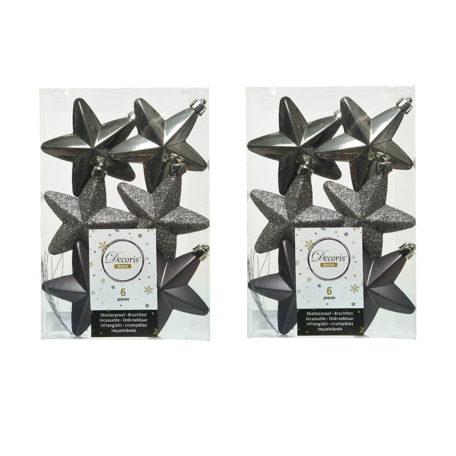 12x stuks kunststof sterren kersthangers antraciet (warm grey) (amber) 7 cm -