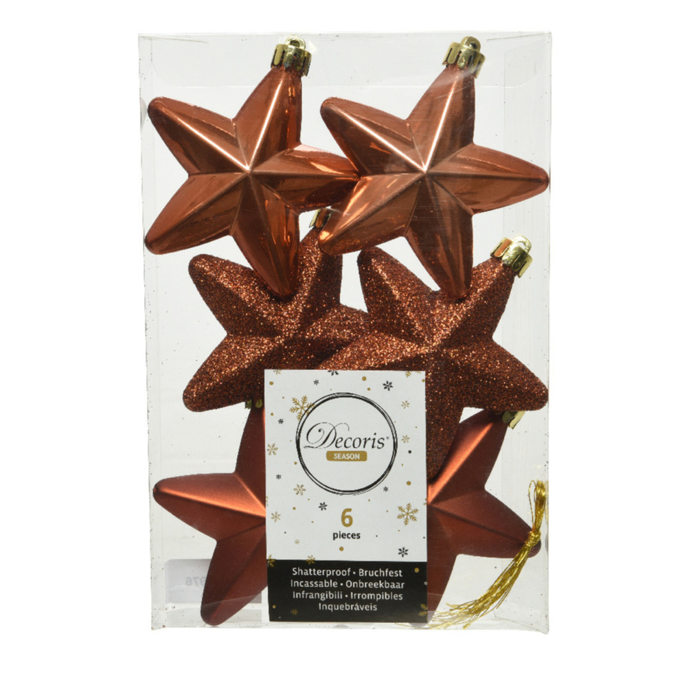 Decoris kersthanger sterren - 6x st - terra bruin - 7 cm - kunststof - kerstornamenten -