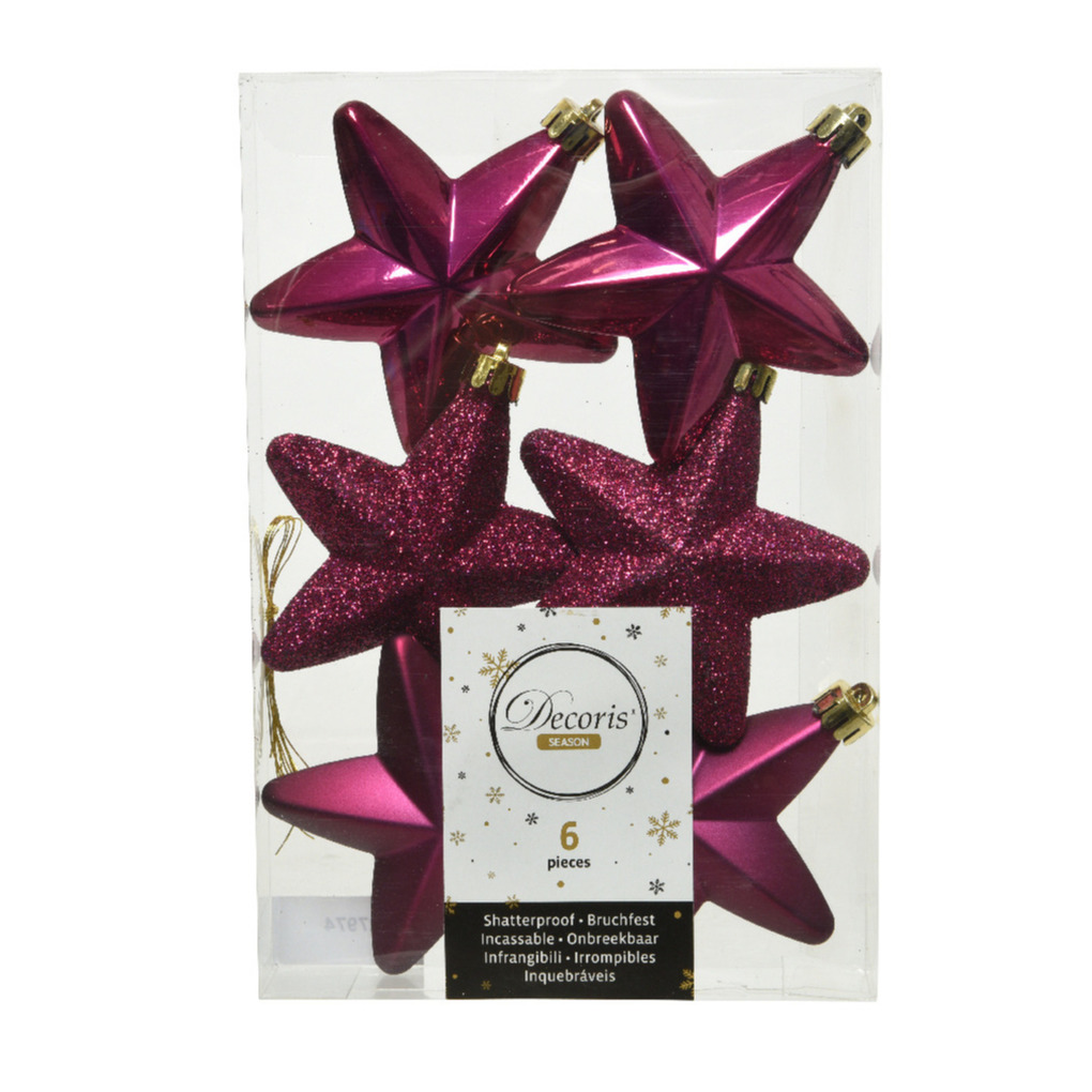 Decoris kersthanger sterren - 6x st - framboos roze - 7 cm - kunststof - kerstornamenten -