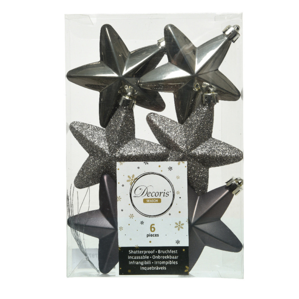 Decoris kersthanger sterren - 6x st - antraciet grijs - 7 cm - kunststof - kerstornamenten -