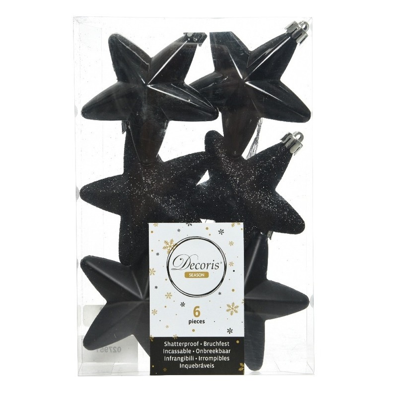 Decoris kersthanger sterren - 6x st - zwart - 7 cm - kunststof - kerstornamenten -