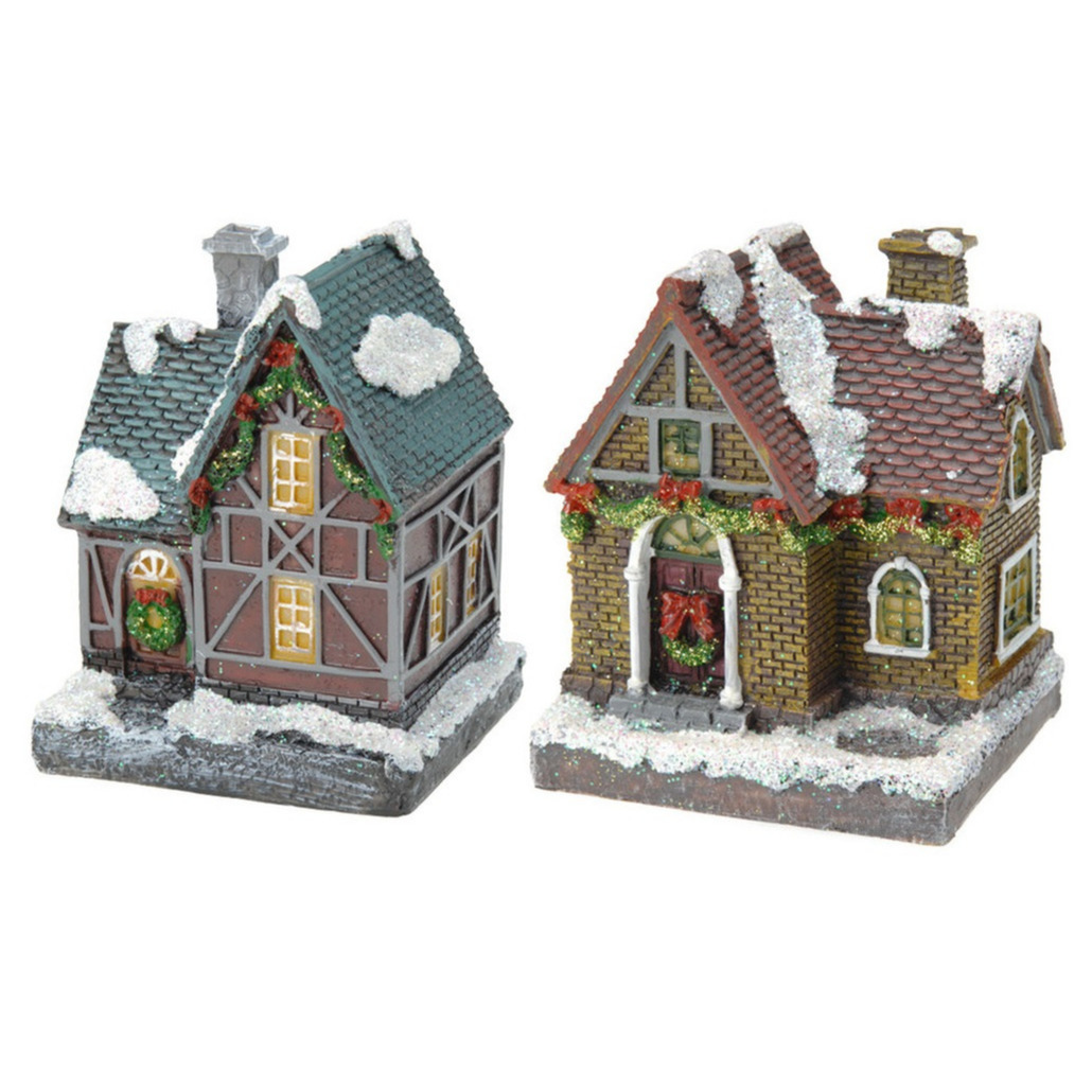 2x Kersthuisjes/kerstdorpje met gekleurde verlichting 13 cm -