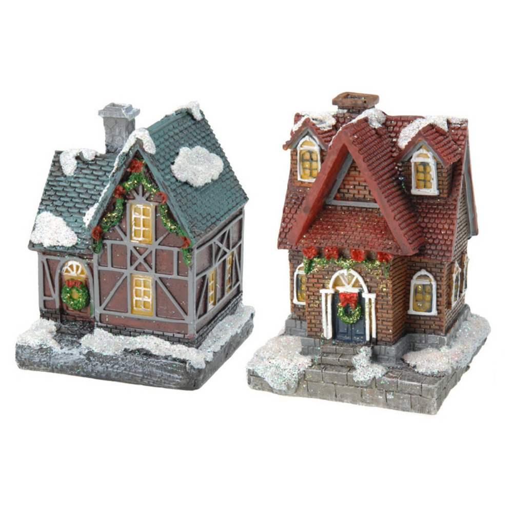 2x Kersthuisjes/kerstdorpje met gekleurde verlichting 13 cm -