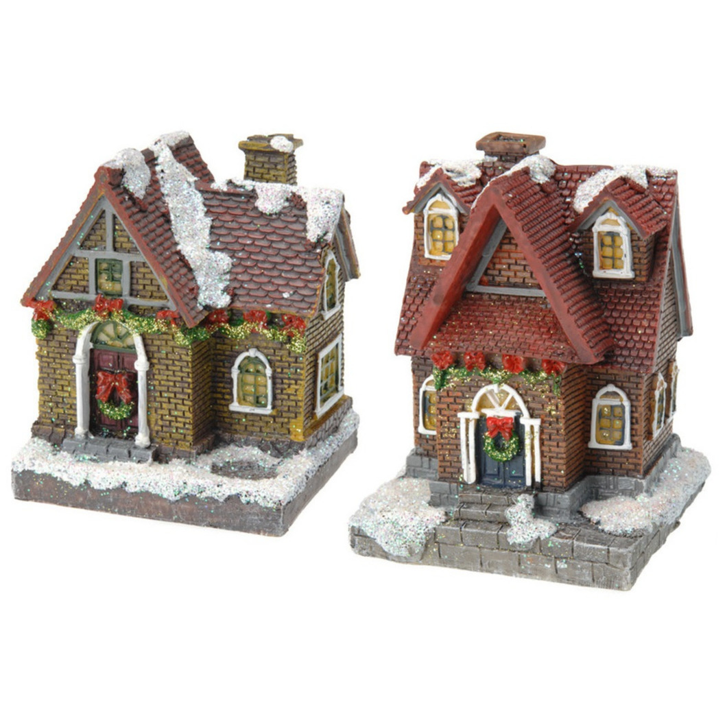 2x Kersthuisjes/kerstdorpje met gekleurde verlichting 13 cm -