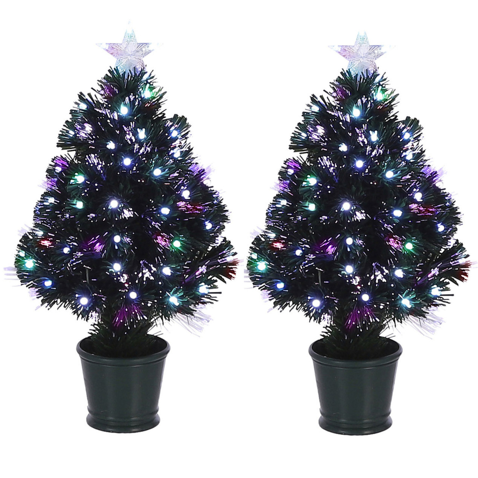 2x Fiber optic kerstboom/kunst kerstboom met knipperende verlichting en piek ster 60 cm -