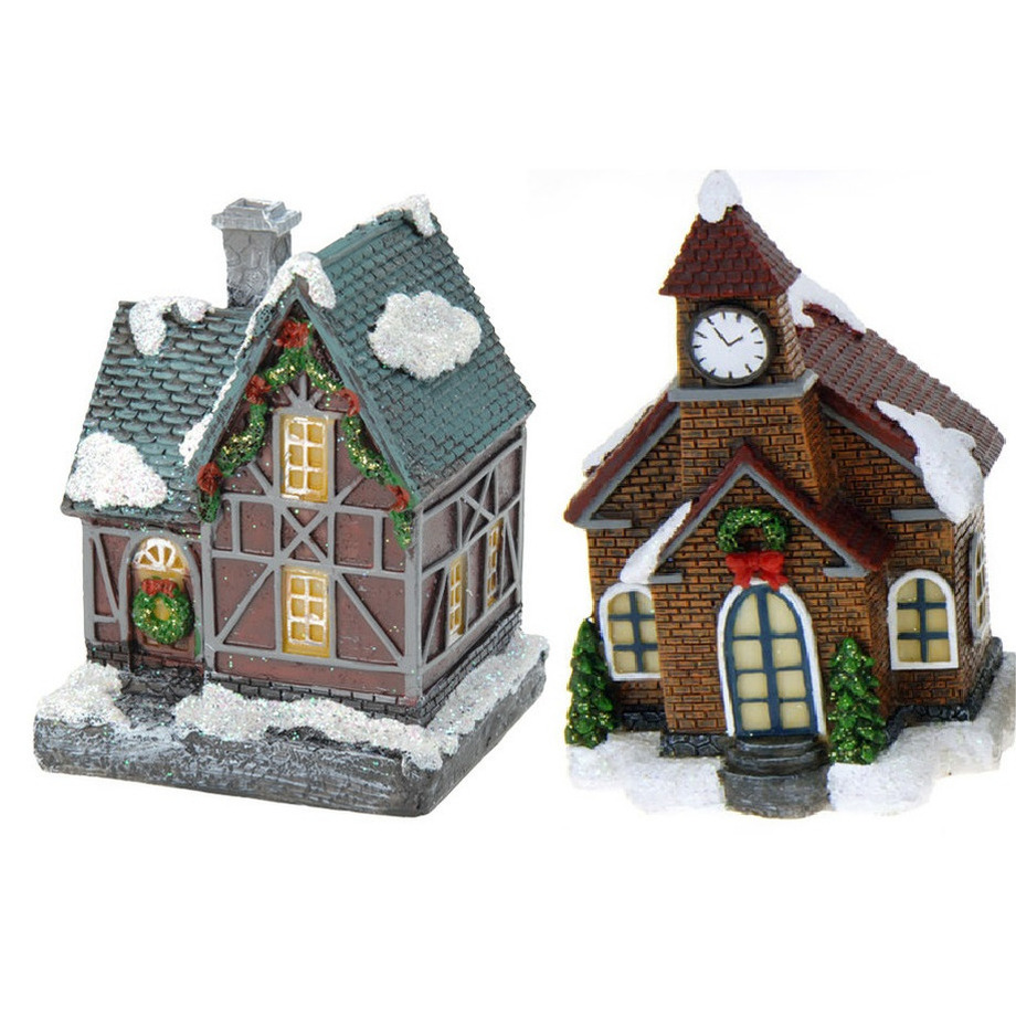 2x Kersthuisjes/kerstdorpje met verlichting 13 cm -