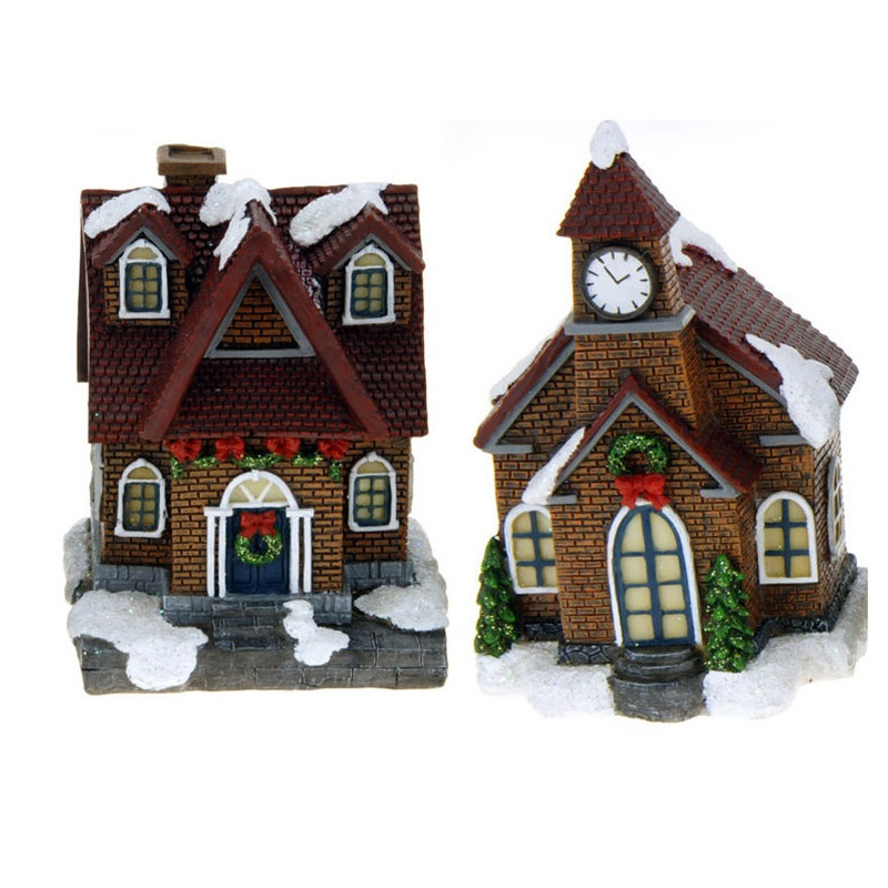 2x Kersthuisjes/kerstdorpje met verlichting 13 cm -