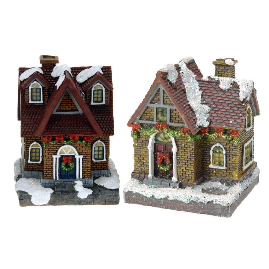 2x Kersthuisjes/kerstdorpje met verlichting 13 cm -