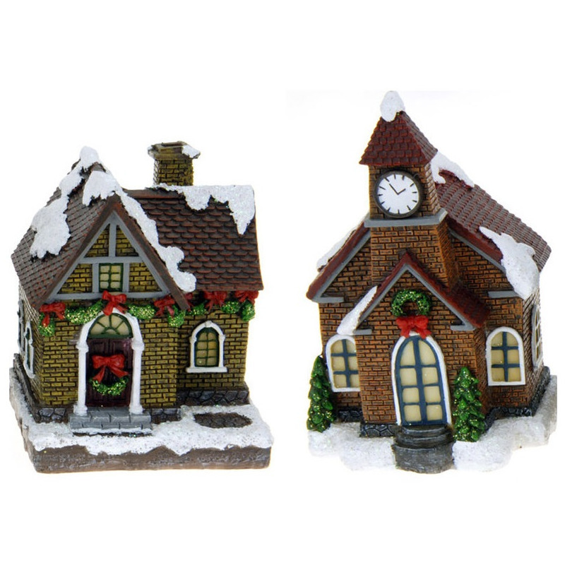 2x Kersthuisjes/kerstdorpje met verlichting 13 cm -