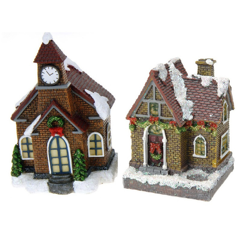 2x Kersthuisjes/kerstdorpje met verlichting 13 cm -