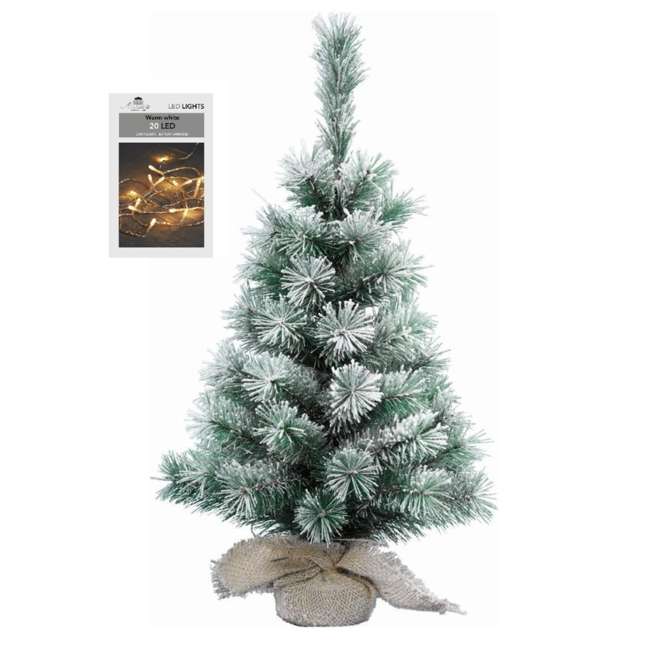 Kunst kerstboom met sneeuw 35 cm in jute zak inclusief 20 warm witte lampjes -