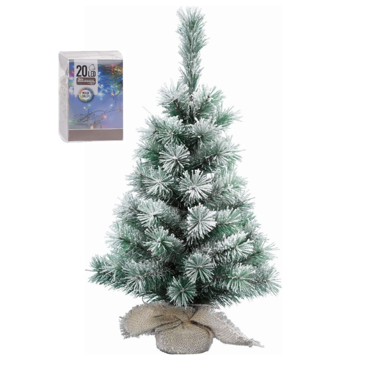 Kunst kerstboom met sneeuw 35 cm in jute zak inclusief 20 gekleurde lampjes -